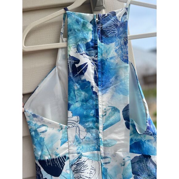 Womens Strappy Summer Dress Blue White Floral Pattern with Tulip skirt - Picture 6 of 8